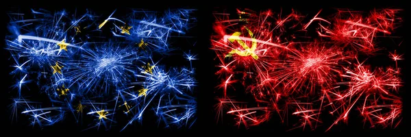 Eu, Europäische Union vs ussr, Kommunismus, Kommunismus Neujahrsfeier funkelnden Feuerwerk Flaggen Konzept Hintergrund. Kombination aus zwei Staatsflaggen. — Stockfoto