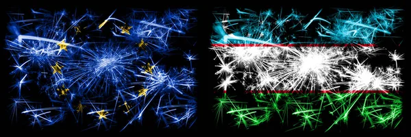 Eu, União Europeia vs Uzbequistão, celebração do ano novo uzbeque fogos de artifício espumantes bandeiras fundo conceito. Combinação de dois pavilhões dos Estados . — Fotografia de Stock