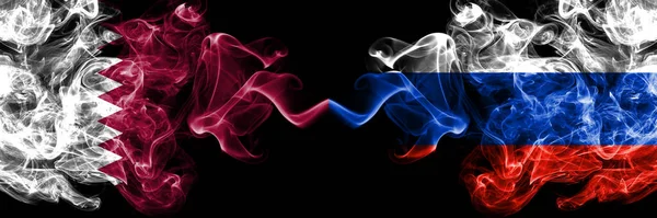 Qatar Rússia Bandeiras Místicas Fumegantes Russas Colocadas Lado Lado Bandeiras — Fotografia de Stock