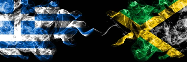 Řecko Jamajka Jamajské Kouřové Mystické Vlajky Umístěné Bok Boku Silné — Stock fotografie