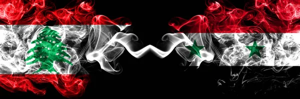 Ліван Проти Сирії Сирійські Димові Містичні Прапори Розміщені Пліч Пліч — стокове фото