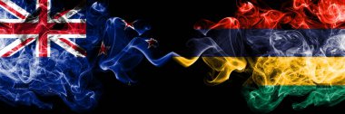 Yeni Zelanda, Mauritius 'a karşı Mauritian dumanlı mistik bayrakları yan yana. Kalın renkli ipeksi soyut duman bayrakları