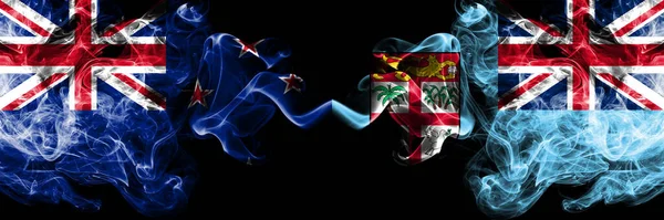 Zéland Fidzsi Füstös Misztikus Zászlók Egymás Mellett Vastag Színű Selymes — Stock Fotó