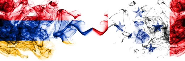 Armenien Australiska Öarna Rökiga Mystiska Flaggor Placerade Sida Vid Sida — Stockfoto