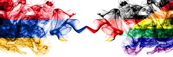 亚美尼亚对德国 同性恋 自豪的烟熏神秘的旗帜并排放置 浓密的彩色丝状抽象烟旗 — 图库照片