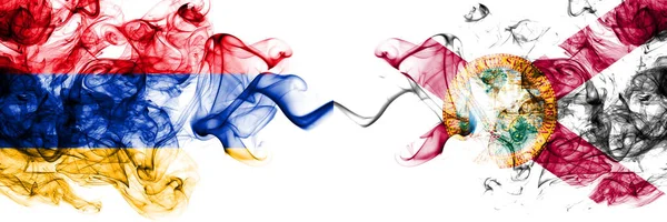 Armenia vs United States of America, America, US, USA, American, Florida smoky mystic flags placed side by side. Thick colored silky abstract smoke flags