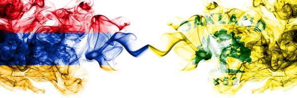 Armenia vs United States of America, America, US, USA, American, Oakland, California smoky mystic flags placed side by side. Thick colored silky abstract smoke flags