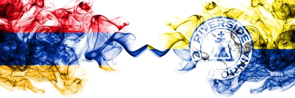 Armenia vs United States of America, America, US, USA, American, Riverside, California smoky mystic flags placed side by side. Thick colored silky abstract smoke flags