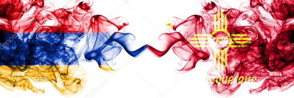 Armenia vs United States of America, America, US, USA, American, Albuquerque, New Mexico smoky mystic flags placed side by side. Thick colored silky abstract smoke flags