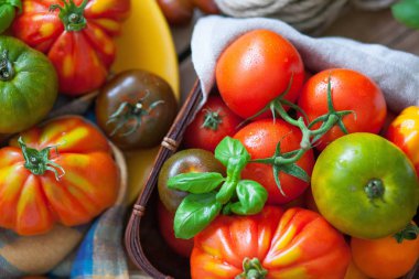 taze fesleğen ve domates masada