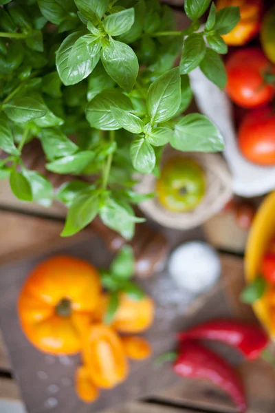 Fresh Basil Tomatoes Table — Stock Photo, Image