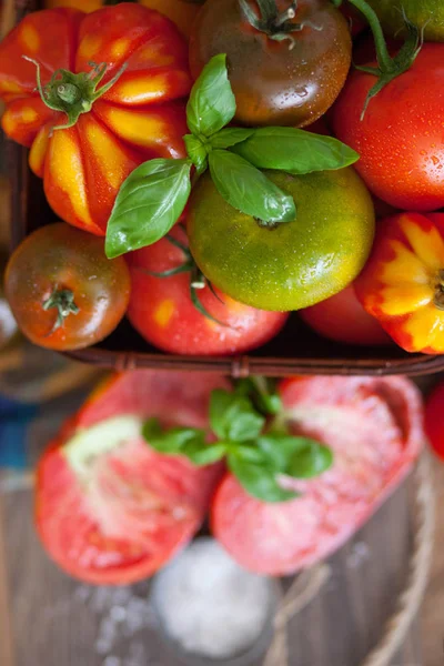 Manjericão Fresco Tomates Mesa — Fotografia de Stock