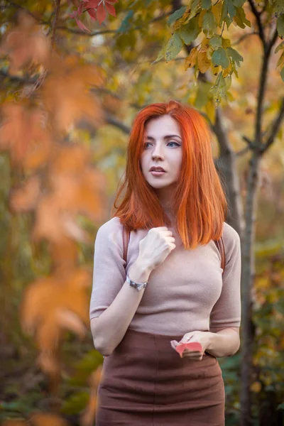 Bella Rossa Ragazza Autunno Parco — Foto Stock