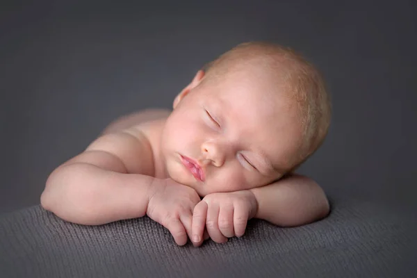 Menina Recém Nascida Cobertor Malha Cinza Mãos Dobradas Dormindo — Fotografia de Stock