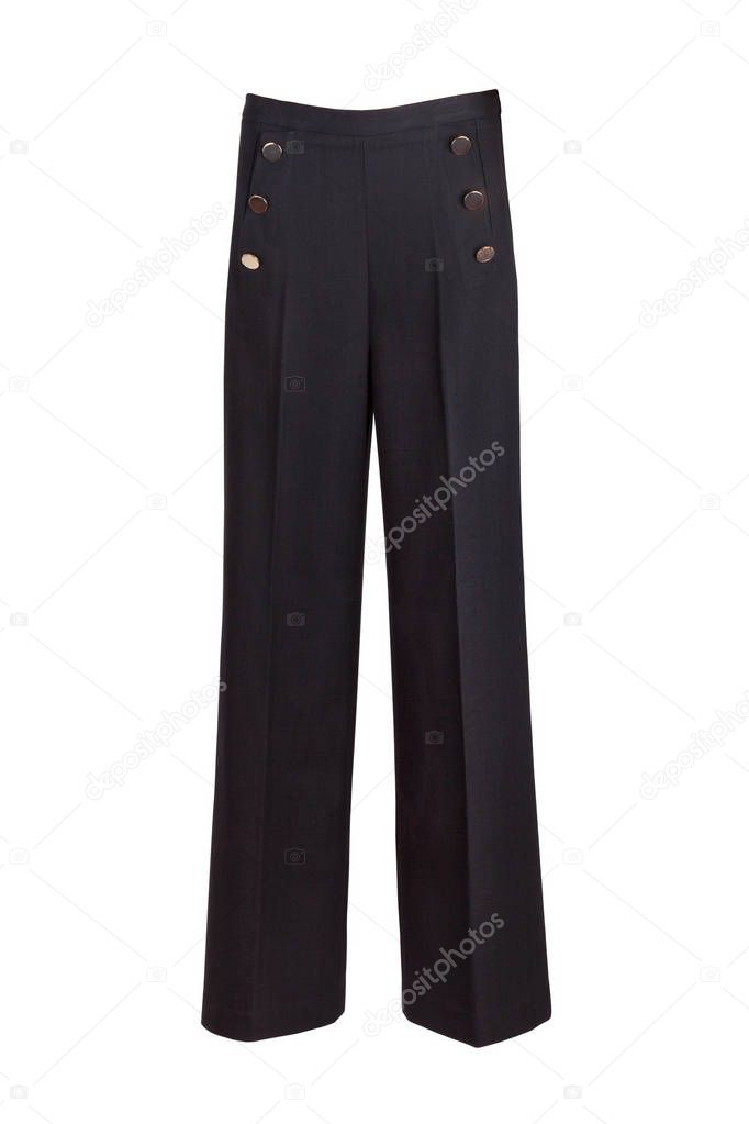 Trousers in woven fabric with a high waist and concealed zip in one side. Fake diagonal front pockets with decorative buttons, and wide, straight legs with creases.