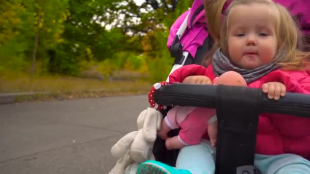 Девочка сидит в коляске с куклой — стоковое видео
