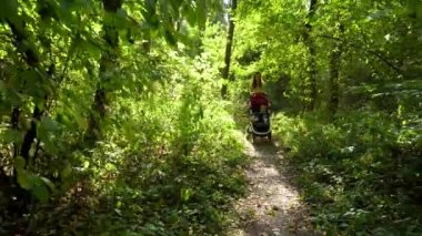 Kadın bir bebek ve bebek arabası ormanda yürüyüş