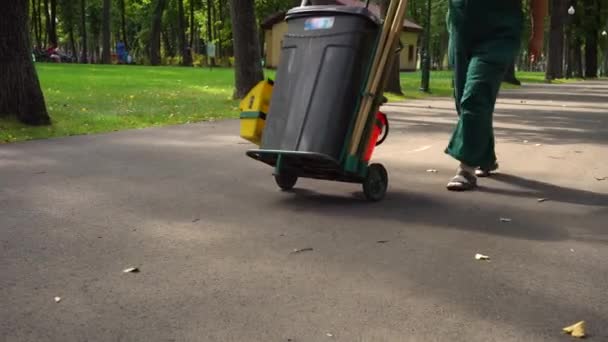 公園内のツールが付いているカートを押す用務員 — ストック動画
