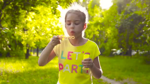 Niña soplando burbujas de jabón en el parque — Vídeo de stock
