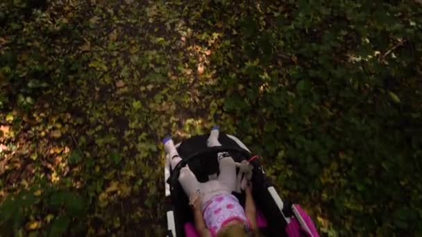 Little girl in stroller. Top view — Stock Video