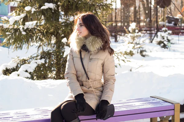 Молода красуня розважається в зимовому парку — стокове фото