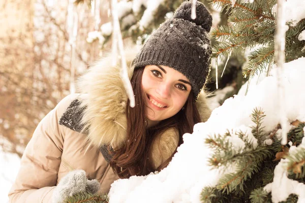 Young woman in winter park having fun Stock Photo