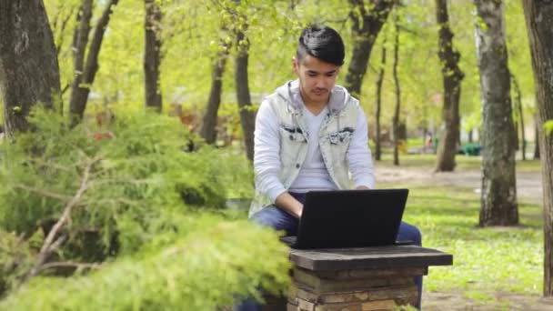 Freelancer asiático con portátil en el parque — Vídeos de Stock