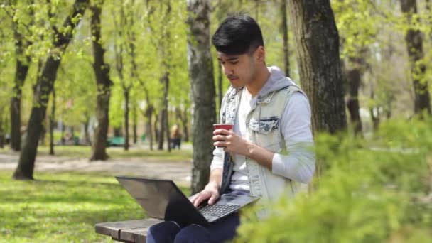 Asian man freelancer drinking coffee in the park — Stock Video