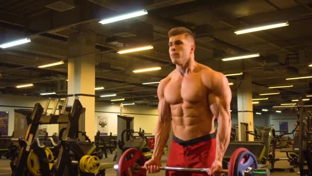 Gespierde man opheffend halter op de biceps — Stockvideo