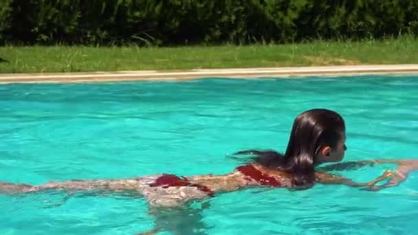 Mulher quente nadando na piscina — Vídeo de Stock