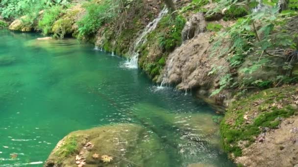 Зеленое озеро и небольшой водопад в замедленной съемке — стоковое видео