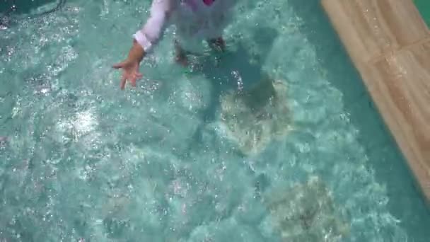 Meisje in zwembad spatten. Bovenaanzicht — Stockvideo