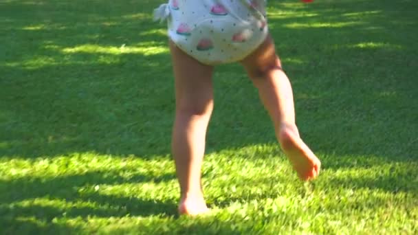 スローモーションで裏庭で実行されている笑女の子 — ストック動画