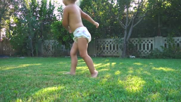 Niña está girando y corriendo y cayendo en el césped — Vídeo de stock