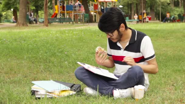 Estudante sentado na grama no parque e estudando — Vídeo de Stock