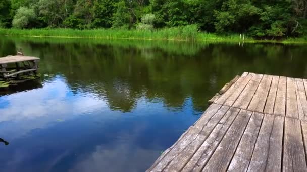 Річковий Дерев Яний Пірс Шезлонгами Дивовижне Місце Медитації Відпочинку Літній — стокове відео