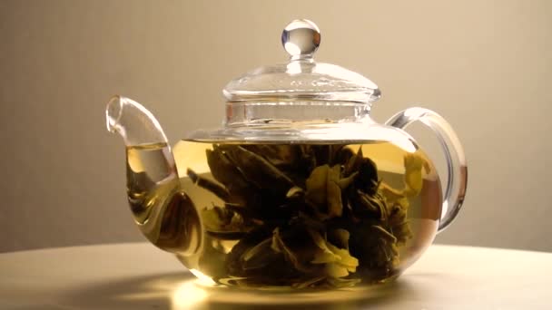 Green brewed tea in teapot — Stock Video