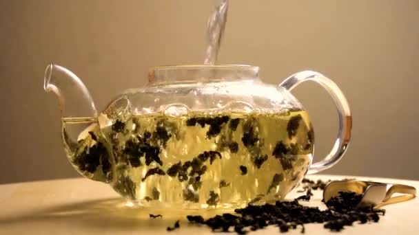 Вода наливается в чайник с зеленым чаем — стоковое видео