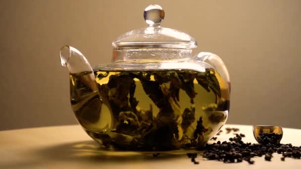 Théière en verre filant avec thé vert 