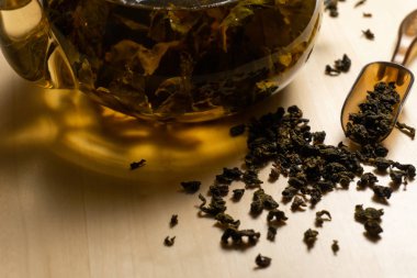 Çin çay yaprakları yeşil ve çaydanlık closeup görünümü