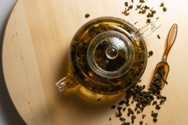 İçinde yeşil Çince çay çaydanlık Üstten Görünüm