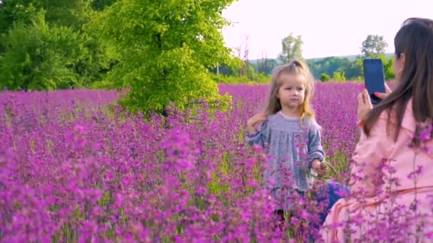 Mutter macht Fotos und kleines Mädchen posiert im Blumenfeld. — Stockvideo
