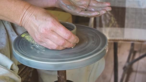 Artesano creando taza en la rueda de cerámica en cámara lenta — Vídeo de stock