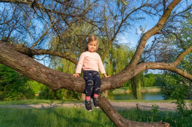 Küçük sevimli kız yaz günü ağaçta oturuyor.