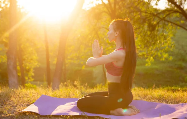 Ragazza sta facendo yoga dopo una dura giornata in natura — Foto Stock