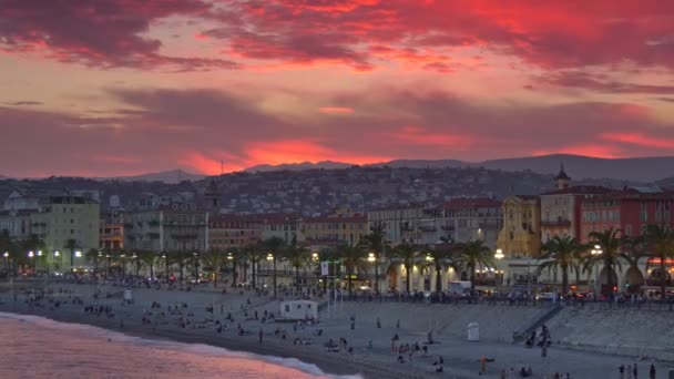 Nice coastline with red sunset clouds. Provence, France. — Stock Video