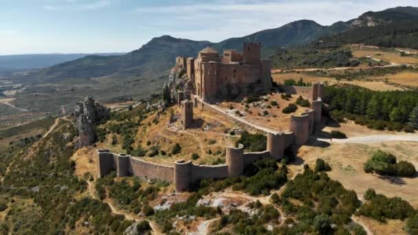 Medieval castle of Loarre in Aragon, Spain. Aerial view. UHD, 4K — Stock Video