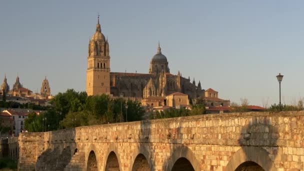Salamanca kathedraal en de oude brug bij zonsondergang. Castilië en León, Spanje. Panning shot, 4k — Stockvideo