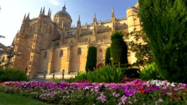 Salamanca, İspanya. Yeni bir katedral veya Catedral Nueva Salamanca şehrinde gimbal vurdu. UHD, 4k