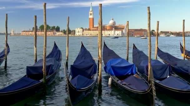 Venecia, Italia. Vista clásica de Venecia de las góndolas en la plaza de San Marcos con la iglesia de San Giorgio di Maggiore al fondo. Gimbal shot, 4K, UHD — Vídeos de Stock